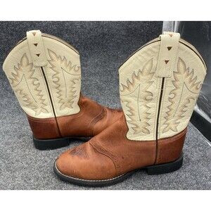 Old West Kids' Cowboy Boots Western Brown & Cream Leather Style CW2552Y Size 4.5